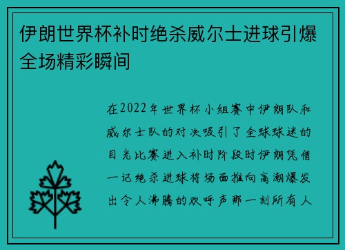 伊朗世界杯补时绝杀威尔士进球引爆全场精彩瞬间